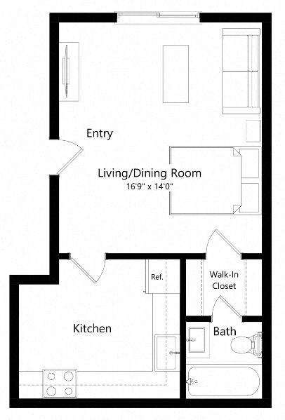 Floor plan for studio, 1 bath, 447 sqft